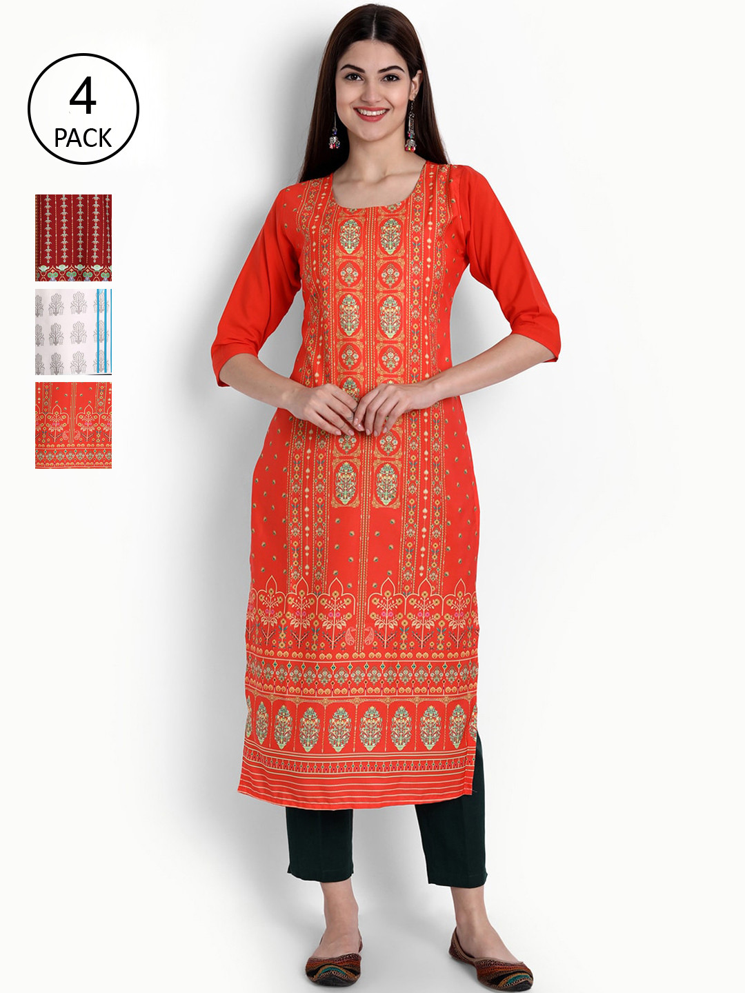 

Ethnic basket Women Pack Of 4 Ethnic Motifs Printed Crepe Kurta, Red