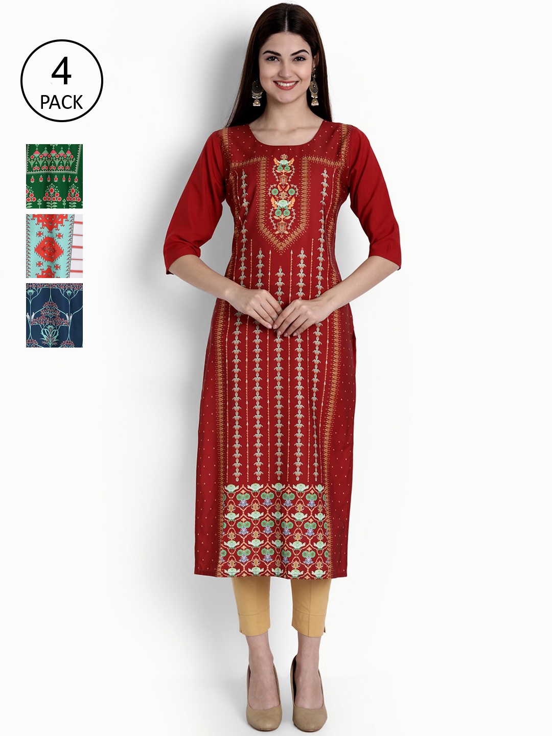 

Ethnic basket Women Maroon & Blue Ethnic Motifs Embroidered Crepe Kurta Pack Of 4