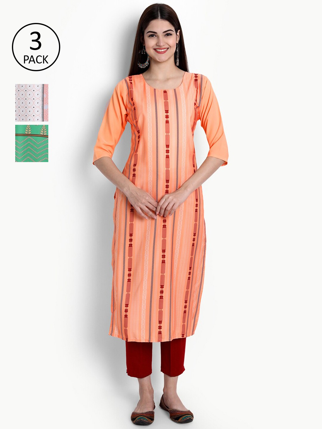 

Ethnic basket Women Pack of 3 Peach-Coloured & Yellow Geometric Printed Crepe Kurtas