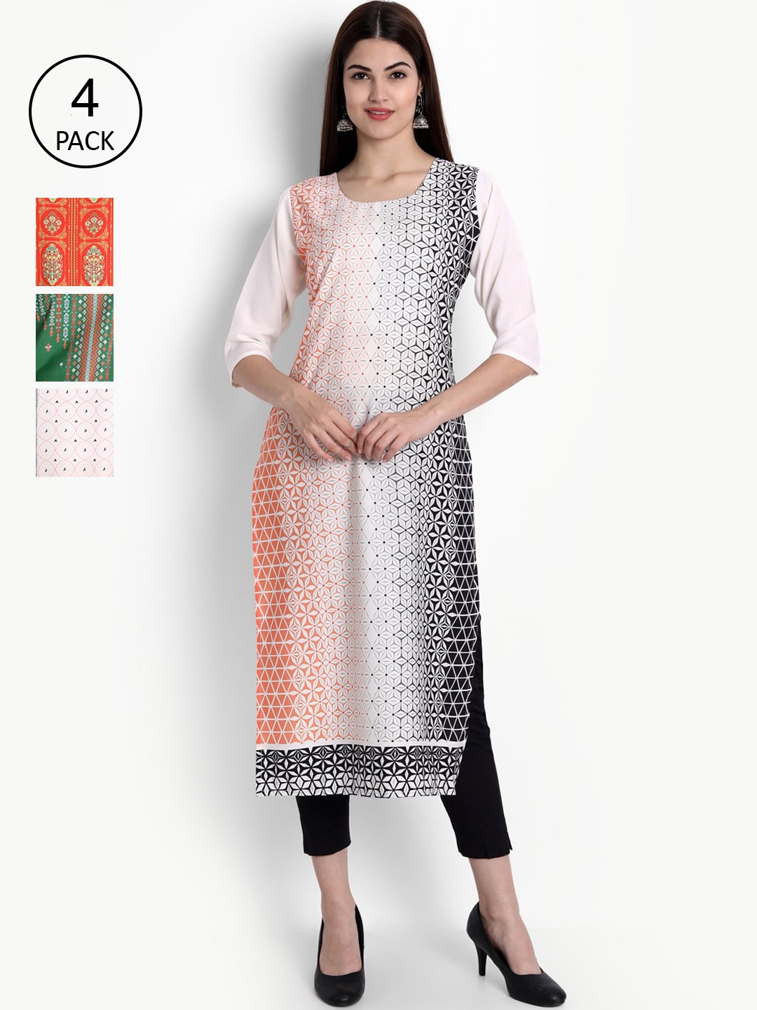 

Ethnic basket Women Set Of 4 White & Red Floral Printed Crepe Kurta