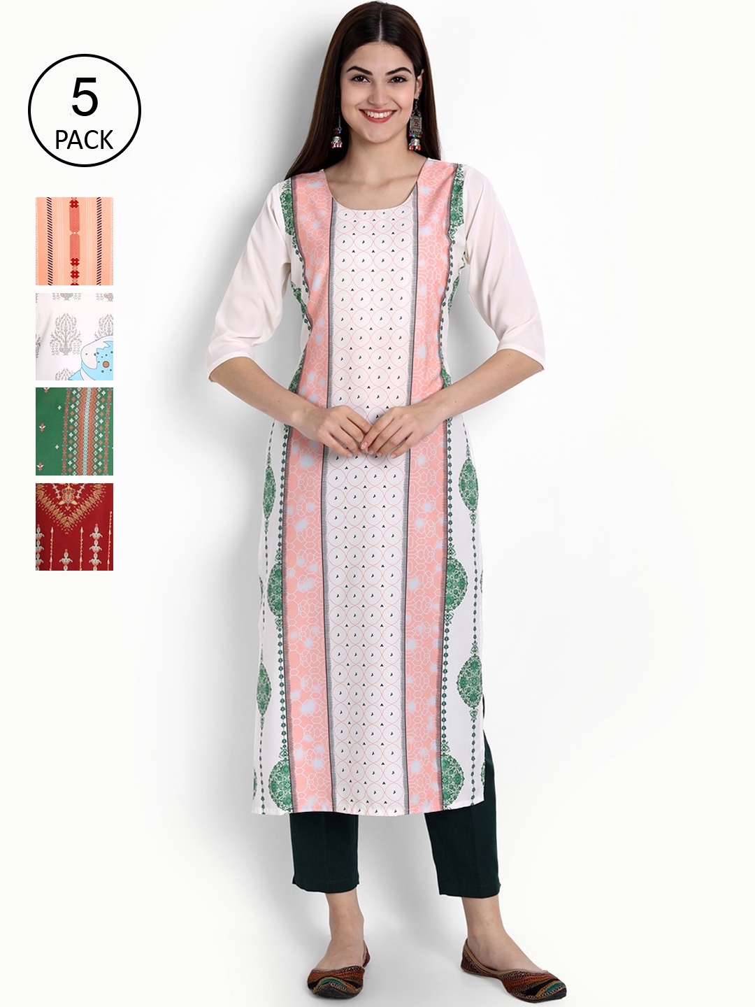 

Ethnic basket Women Pack Of 5 Multi Ethnic Motifs Printed Crepe Kurta