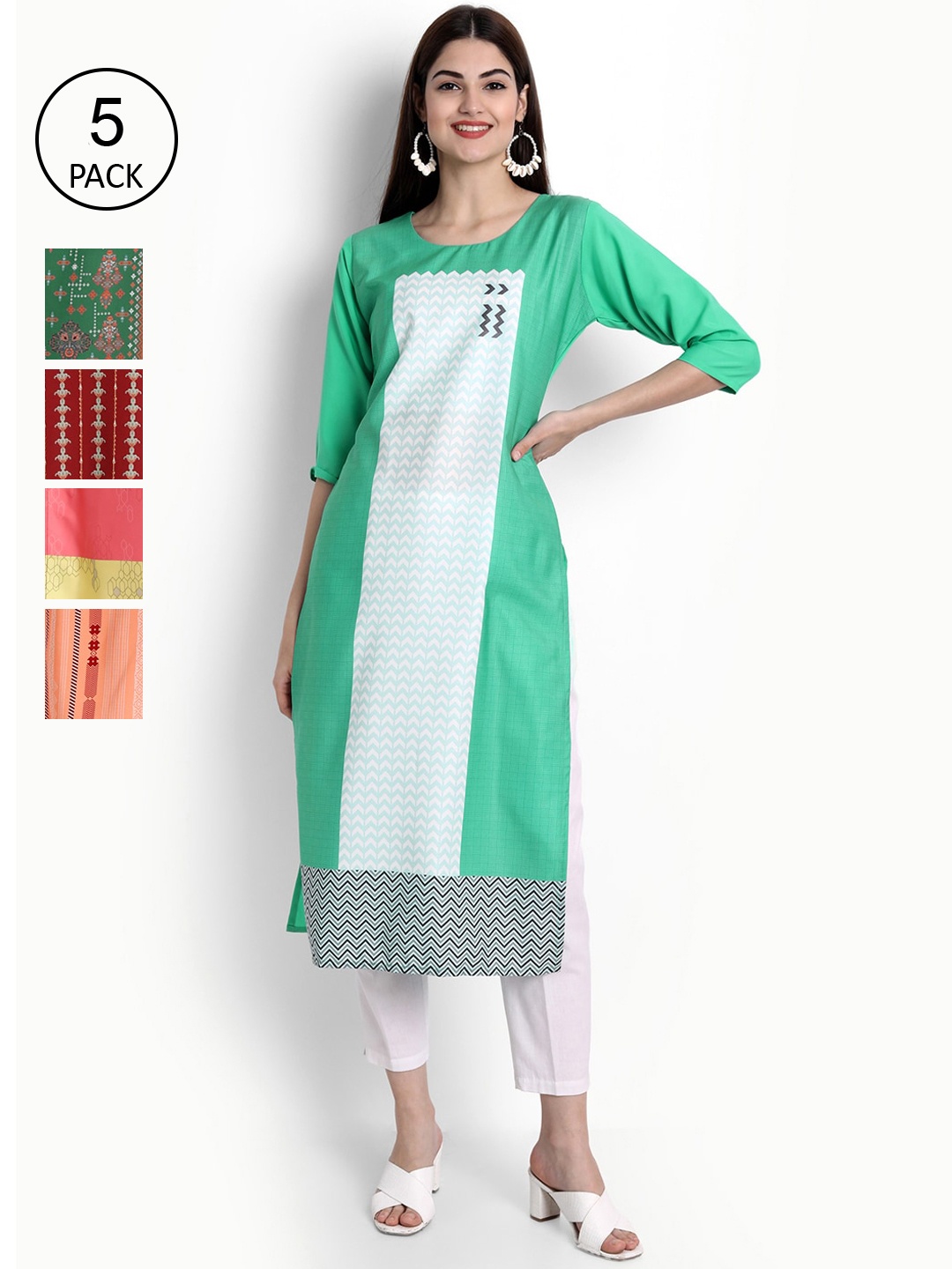 

Ethnic basket Women Pack Of 5 Multi Ethnic Motifs Printed Crepe Kurta