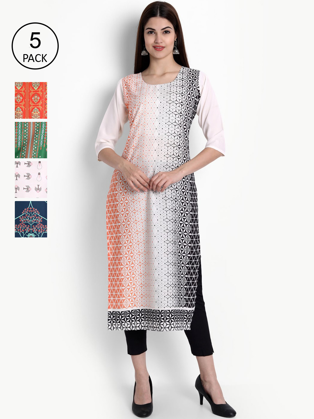 

Ethnic basket Women Pack of 5 Digital Printed Straight Kurtas, Peach