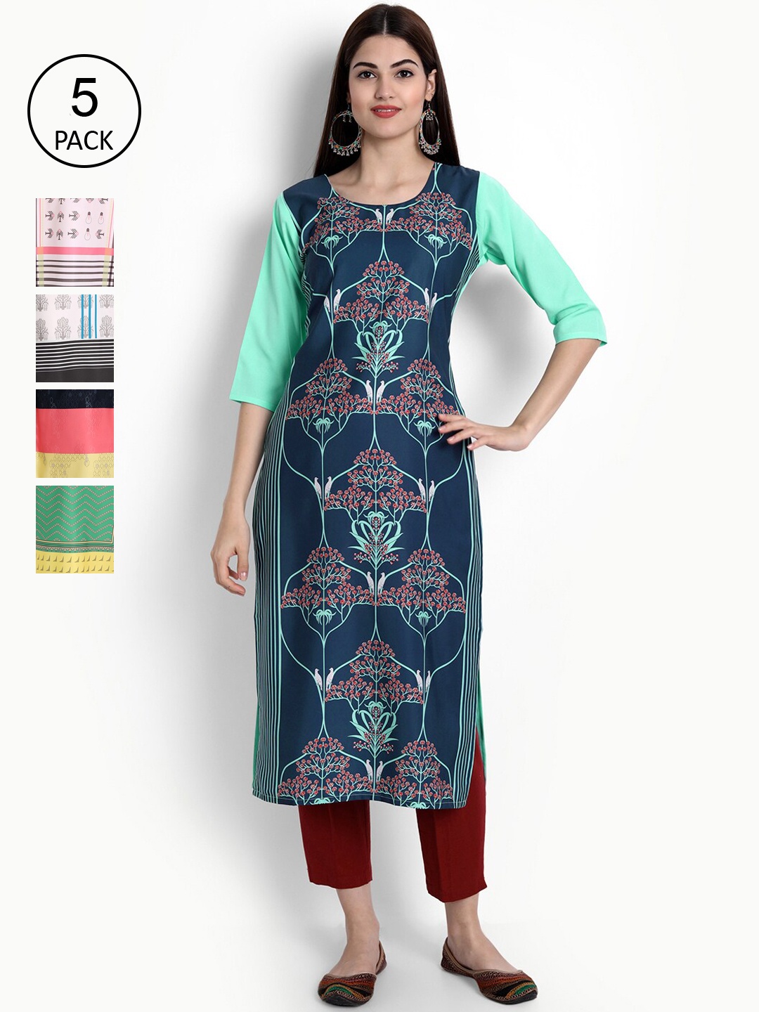 

Ethnic basket Women Pack of 5 Multicoloured Geometric Printed Crepe Kurta, Multi