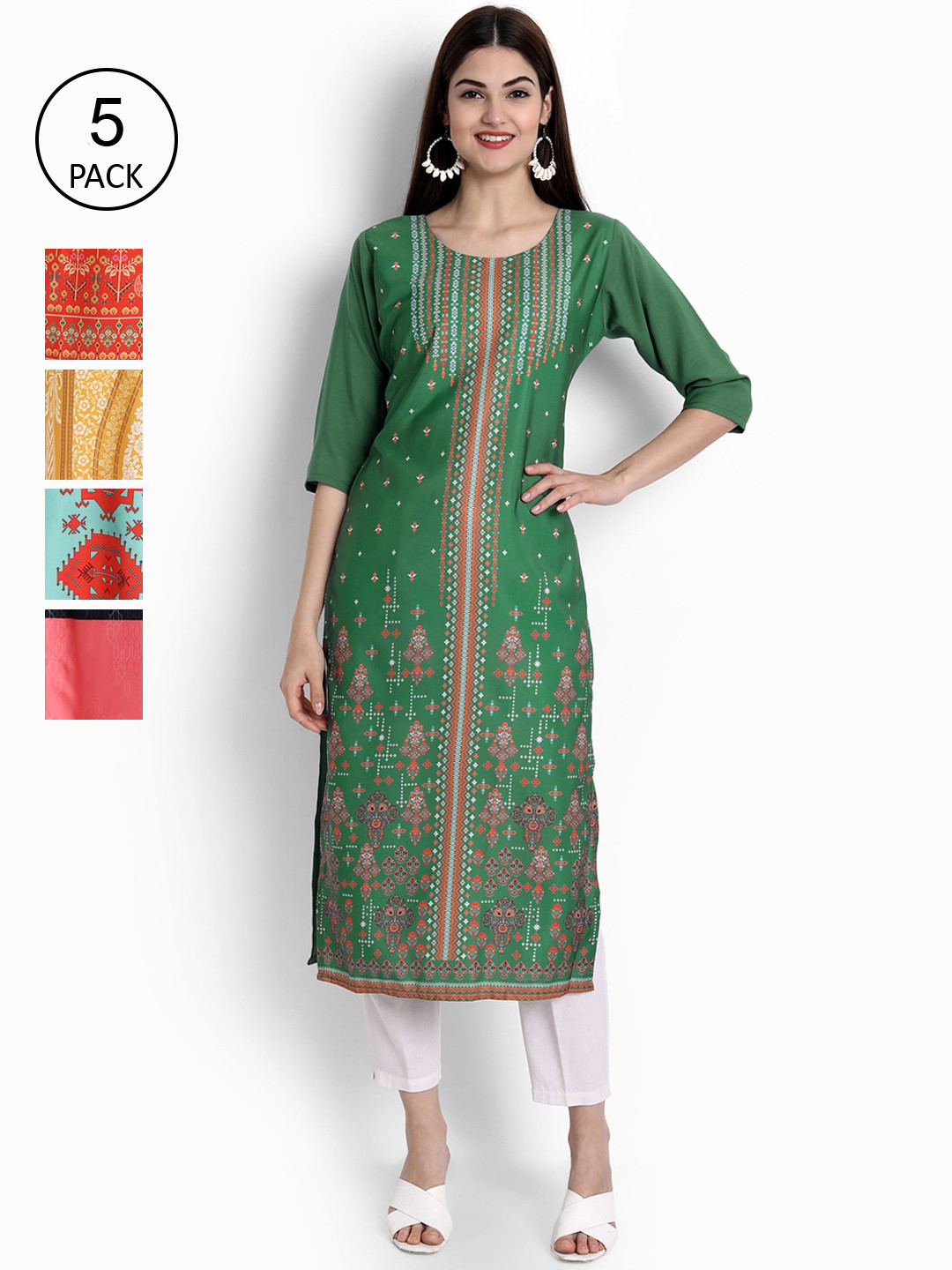 

Ethnic basket Women Pack Of 5 Green & Red Ethnic Motifs Printed Crepe Kurta