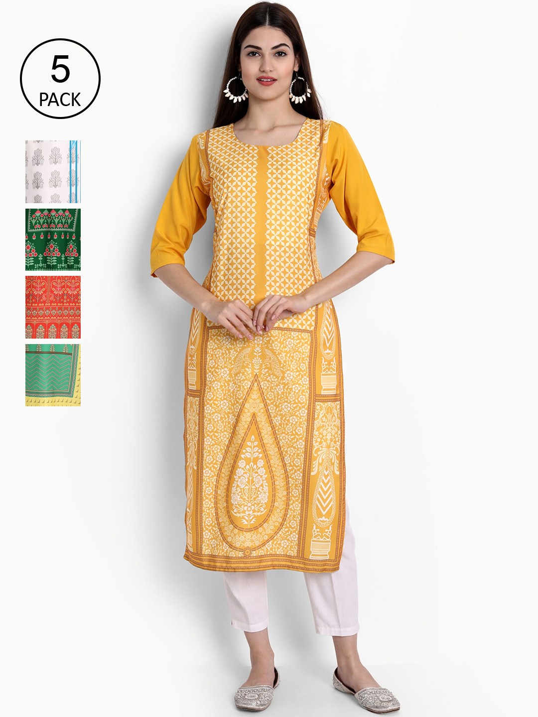

Ethnic basket Women Pack of 5 Ethnic Motifs Printed Crepe Kurta, Mustard