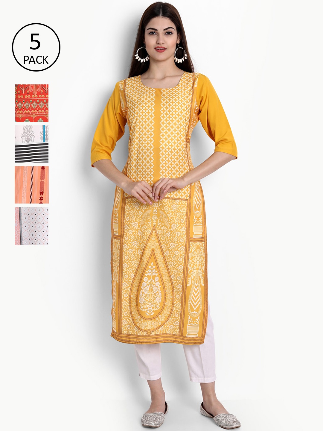 

Ethnic basket Women Pack Of 5 Ethnic Motifs Printed Crepe Kurta, Orange