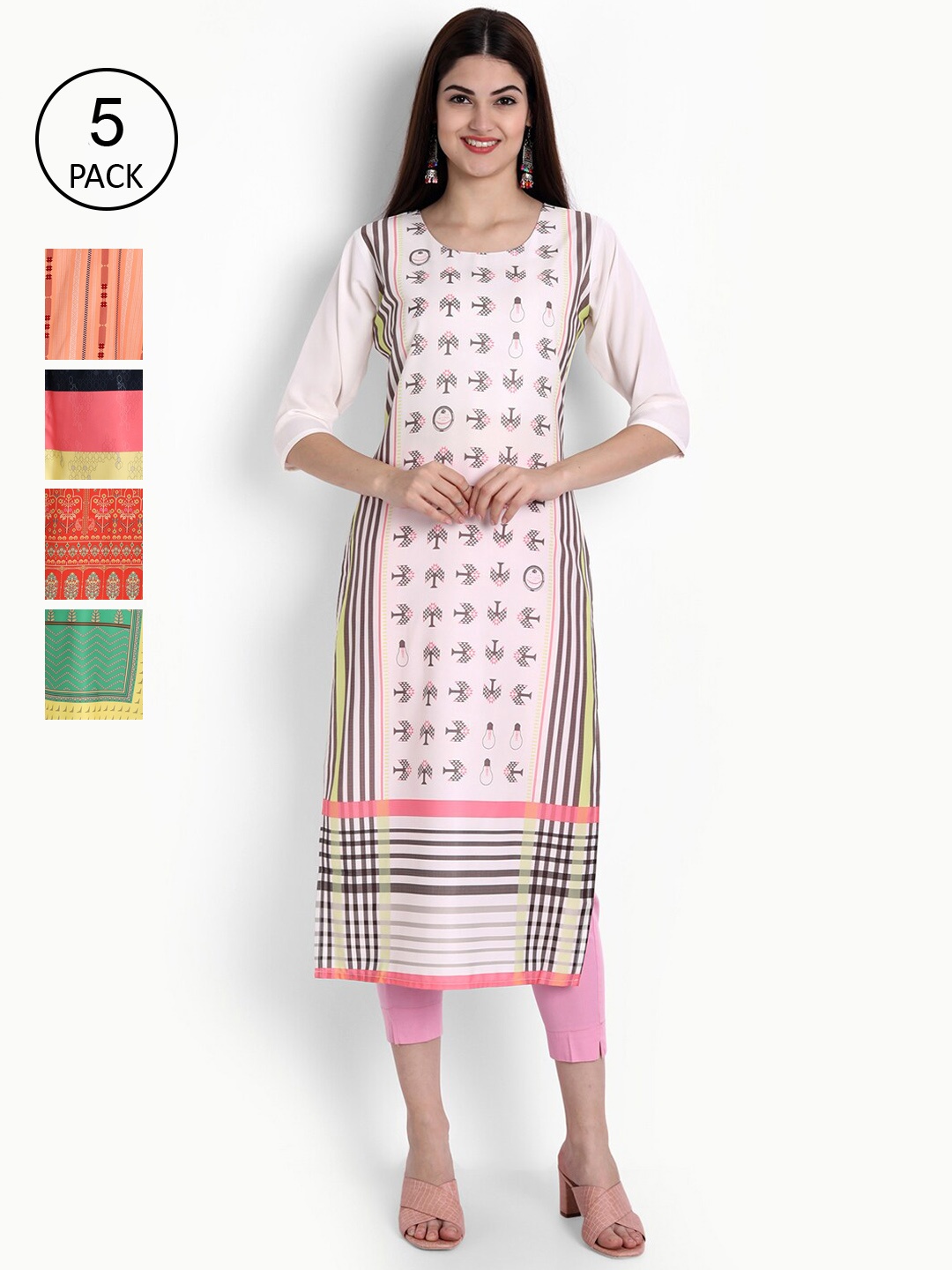 

Ethnic basket Women Pack of 5 Digital Printed Straight Kurtas, Pink