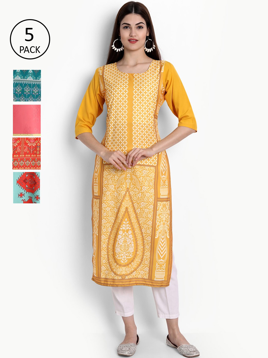 

Ethnic basket Women Pack of 5 Printed Crepe Kurta, Yellow