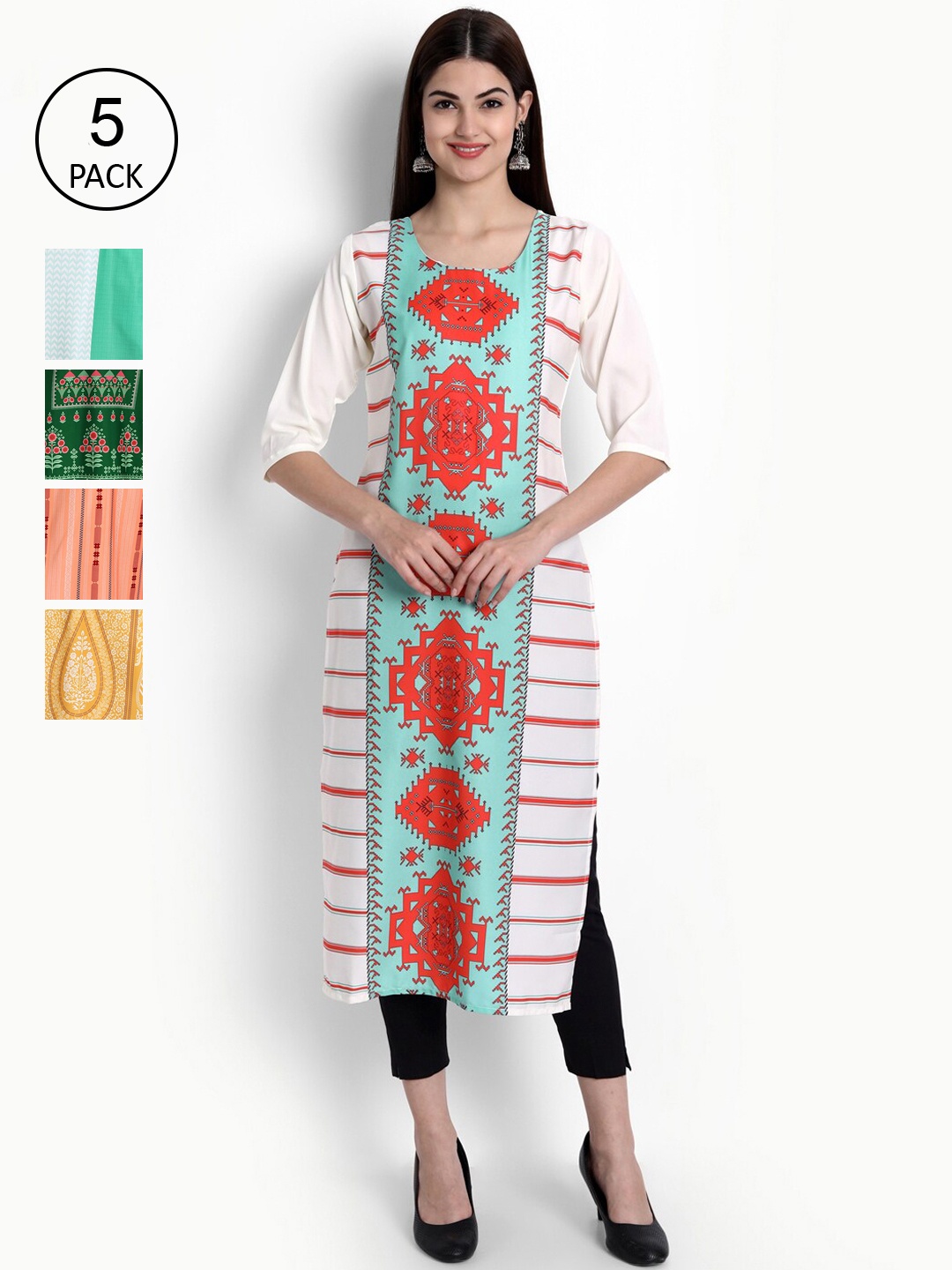 

Ethnic basket Women Pack of 5 Ethnic Motifs Printed Crepe Kurta, White