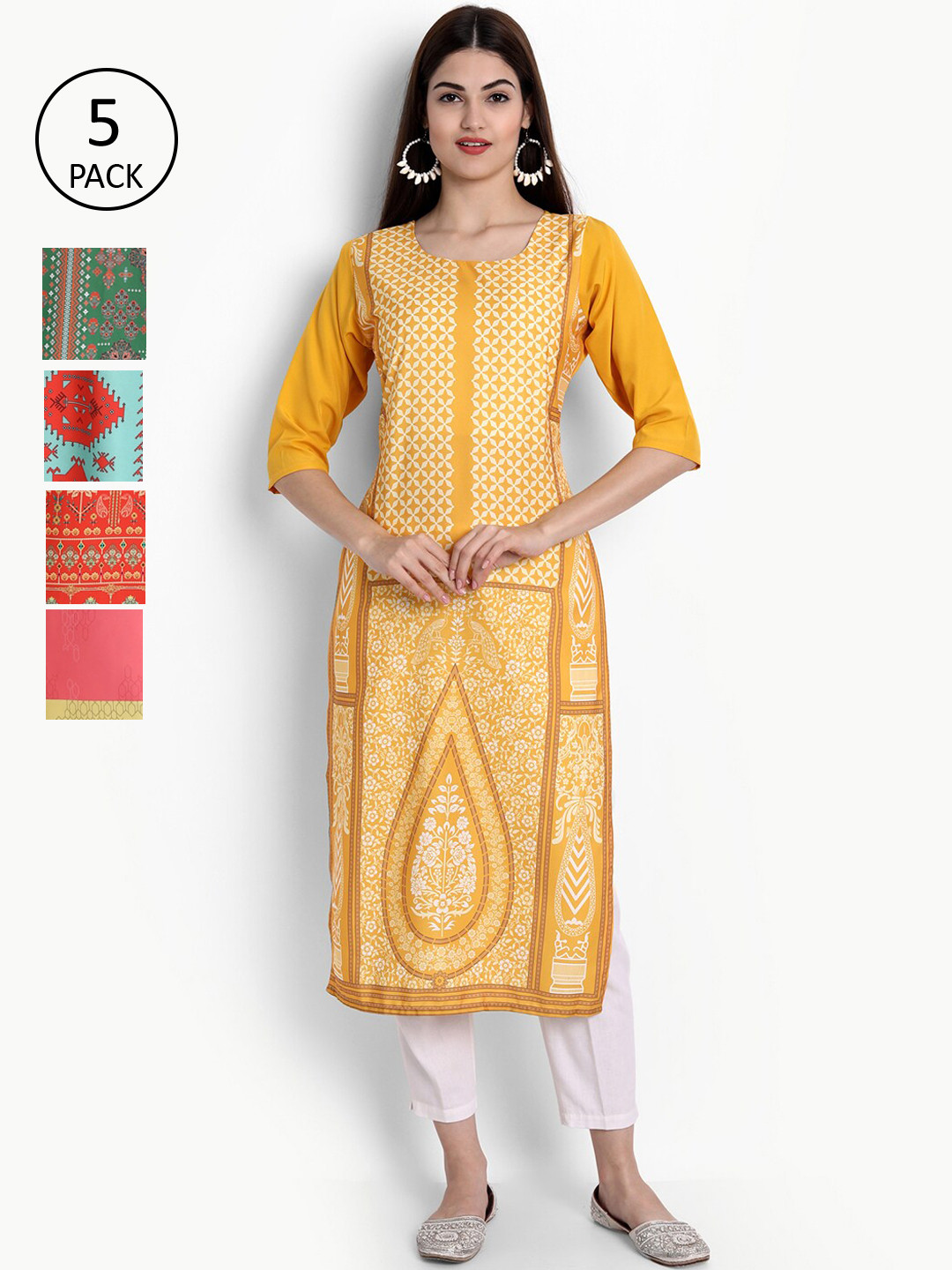 

Ethnic basket Women Pack of 5 Digital Printed Straight Kurtas, Yellow