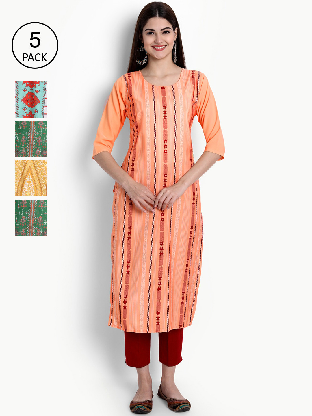 

Ethnic basket Women Pack of 6 Multicoloured Printed Crepe Straight Kurta, Multi