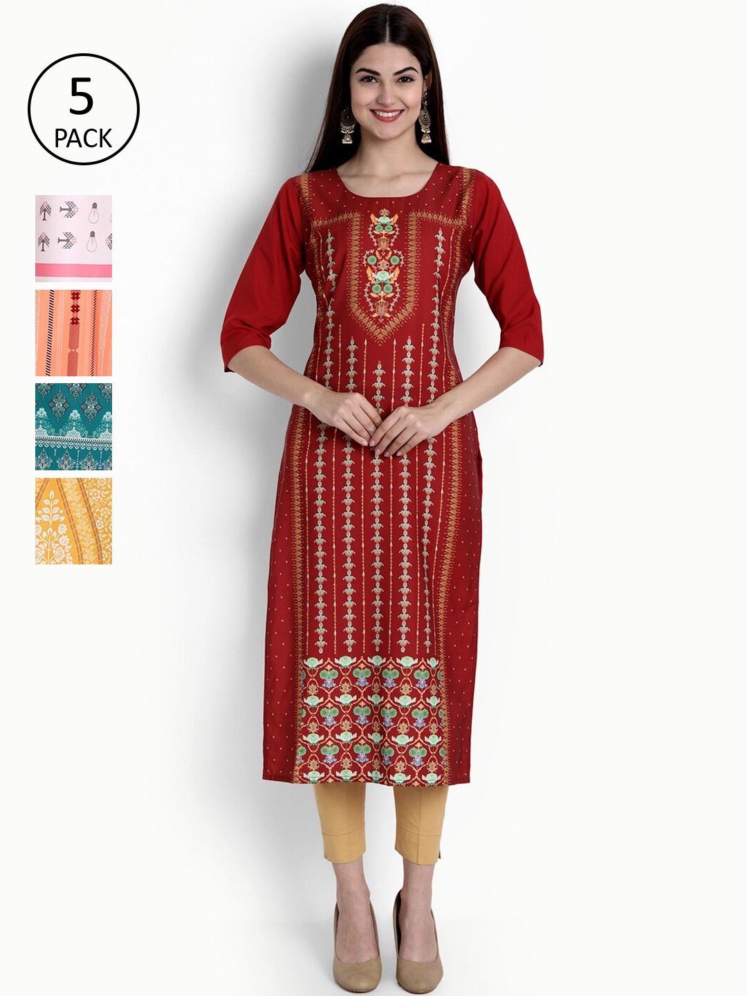 

Ethnic basket Women Maroon & Yellow Pack Of 5 Ethnic Motifs Printed Kurta