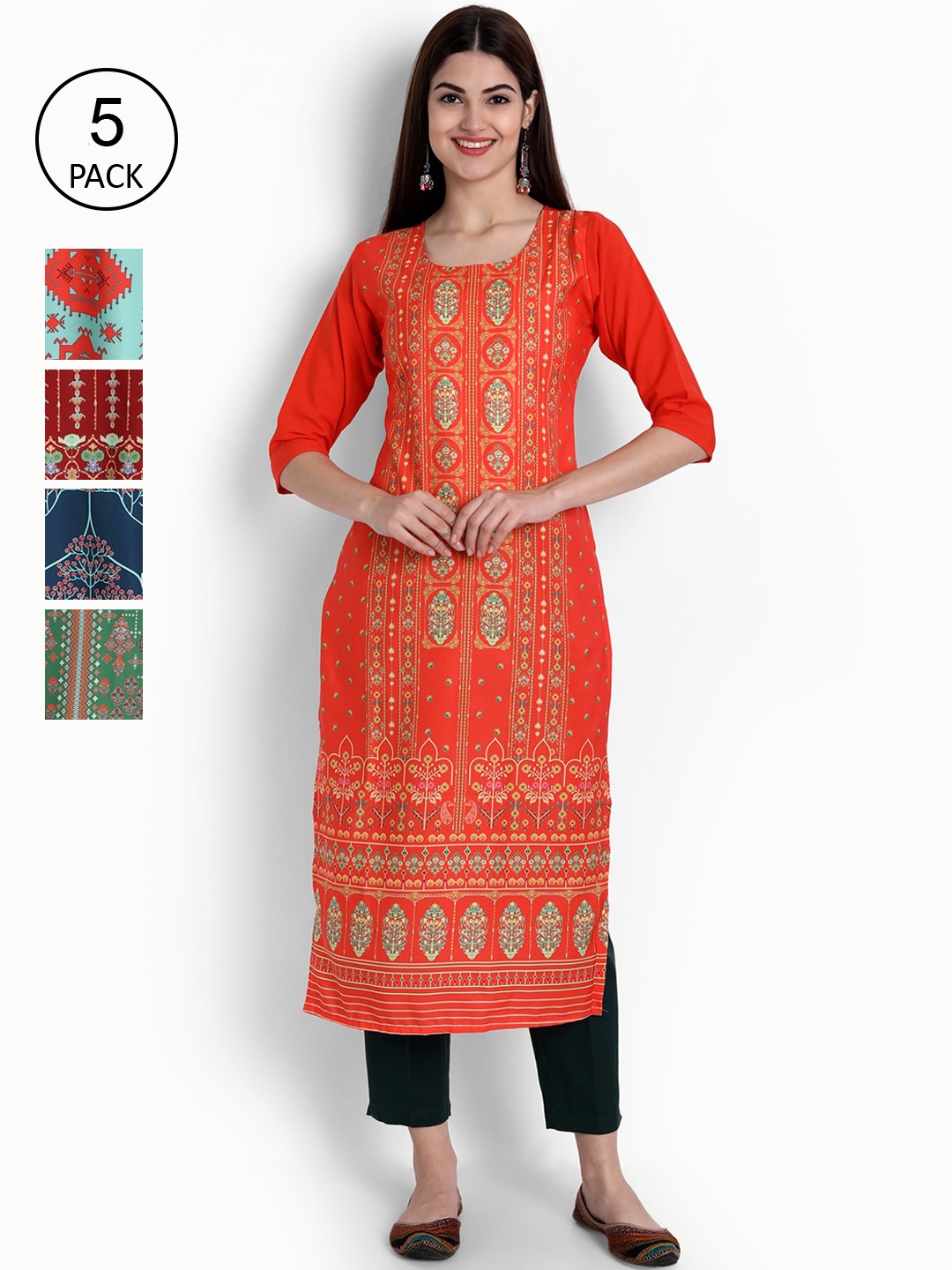 

Ethnic basket Women Set Of 5 Red & Blue Ethnic Motifs Printed Crepe Kurta