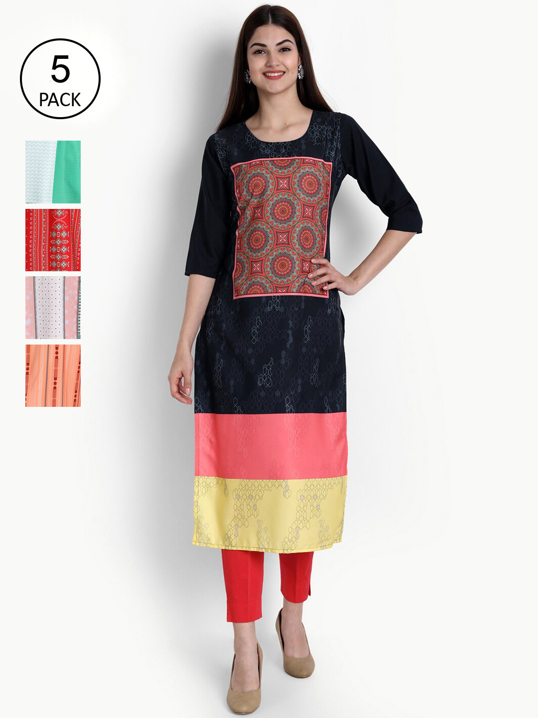 

Ethnic basket Women Pack Of 5 Ethnic Motifs Printed Crepe Kurta, Navy blue