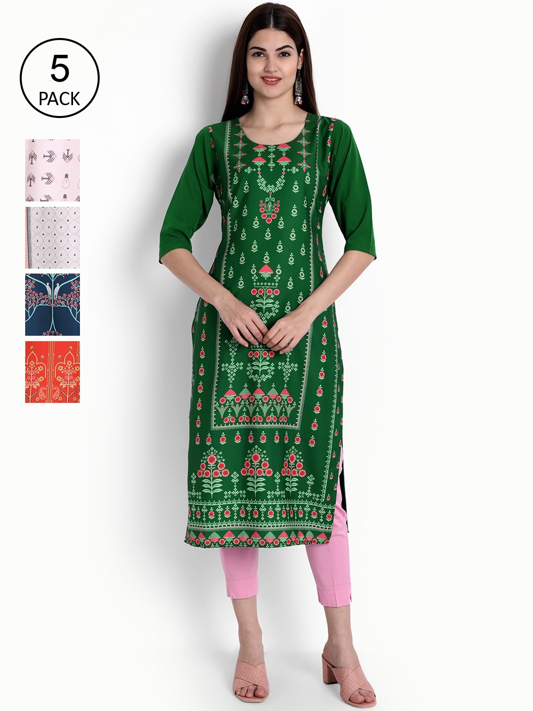 

Ethnic basket Women Pack Of 5 Straight Kurtas, Green