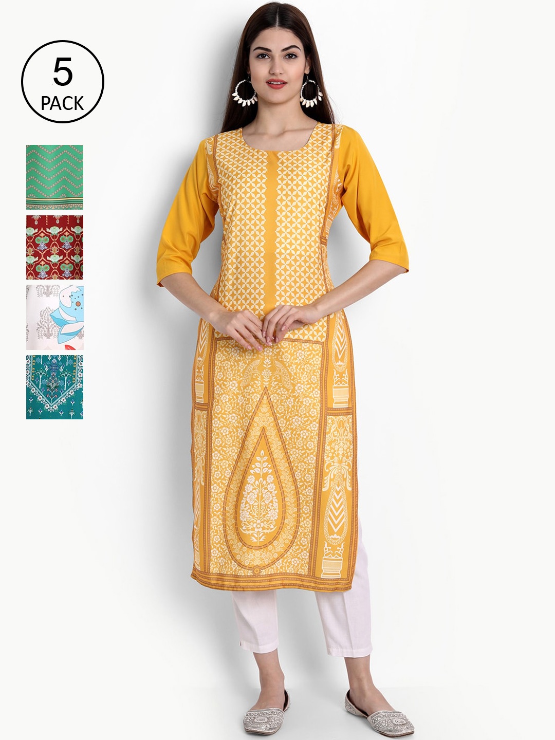 

Ethnic basket Women Pack of 5 Printed Crepe Kurta, Yellow