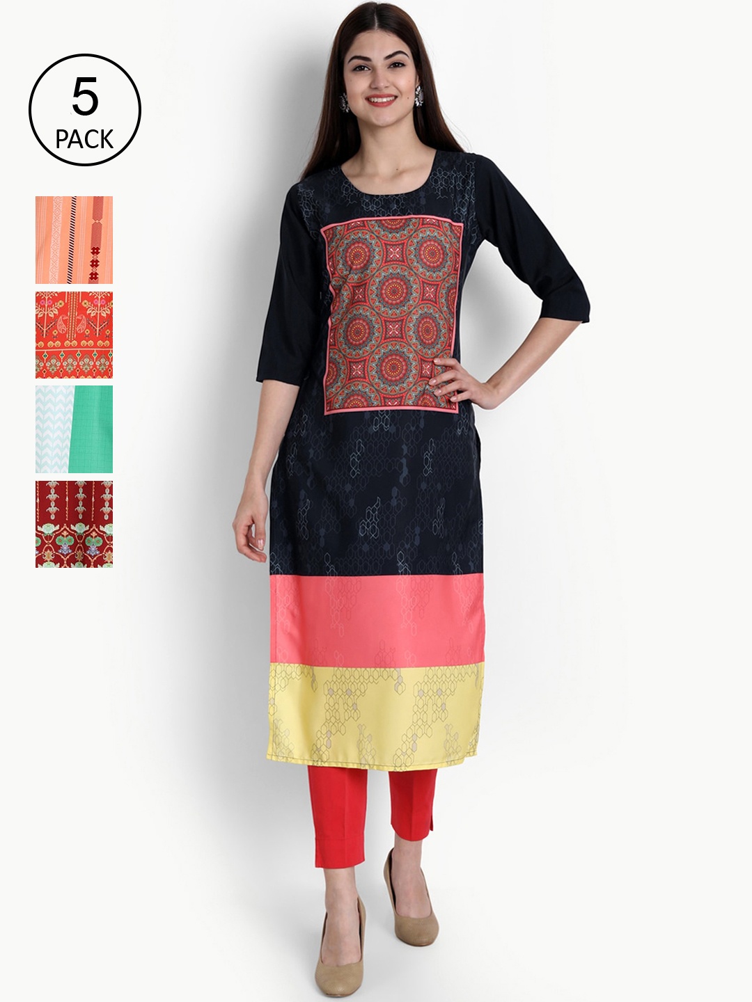 

Ethnic basket Women Pack of 5 Black & Sea Green Ethnic Motifs Printed Crepe Kurtas