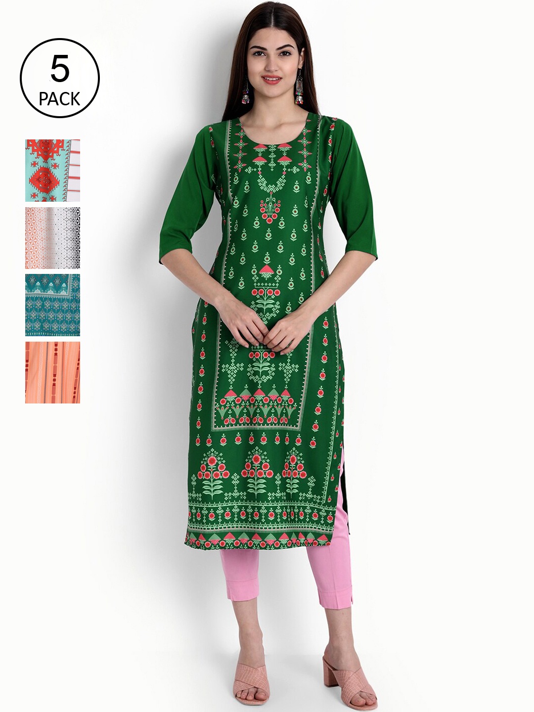 

Ethnic basket Women Pack Of 5 Ethnic Motifs Printed Crepe Kurta, Green