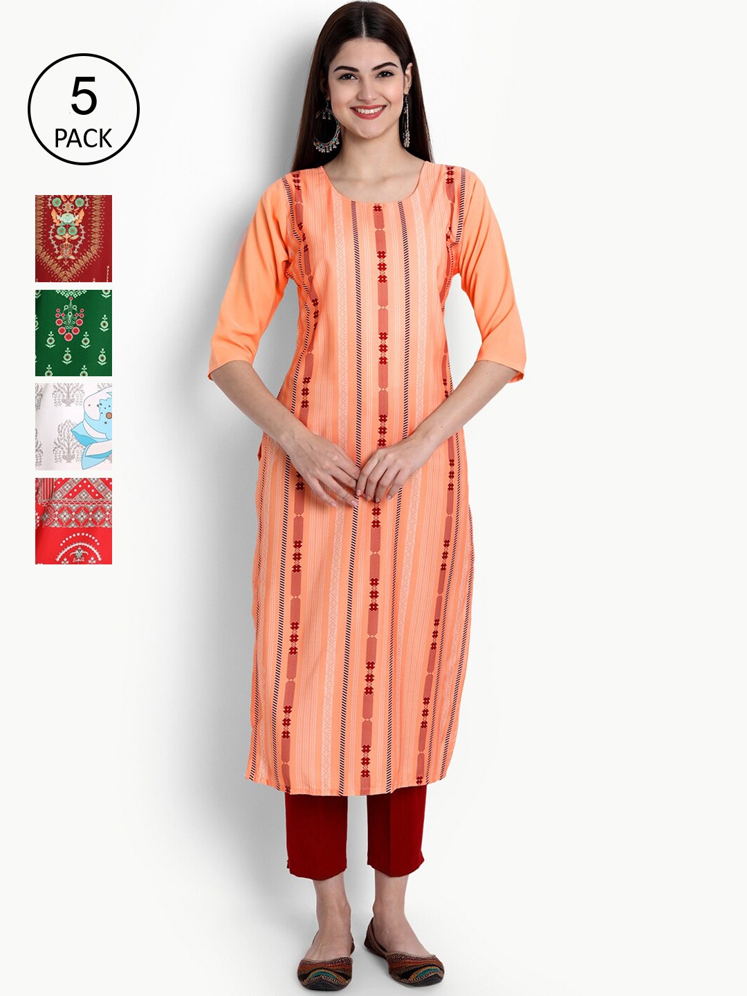 

Ethnic basket Women Pack of 5 Peach-Coloured & Red Printed Crepe Kurta