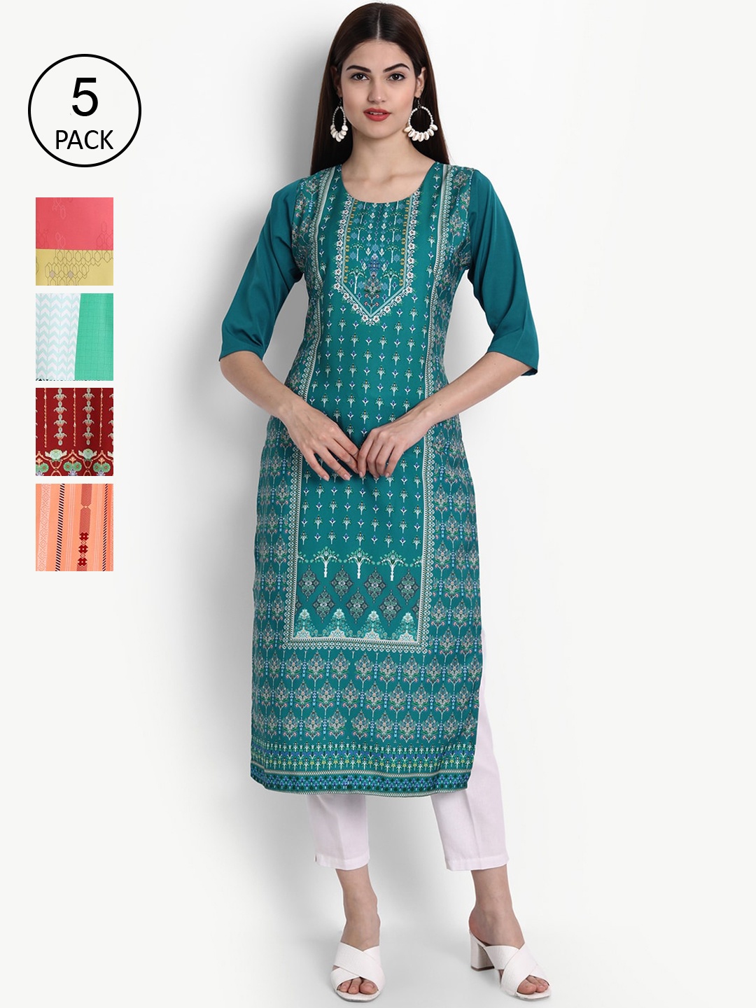 

Ethnic basket Women Pack Of 5 Teal Blue & Red Ethnic Motifs Printed Crepe Kurta