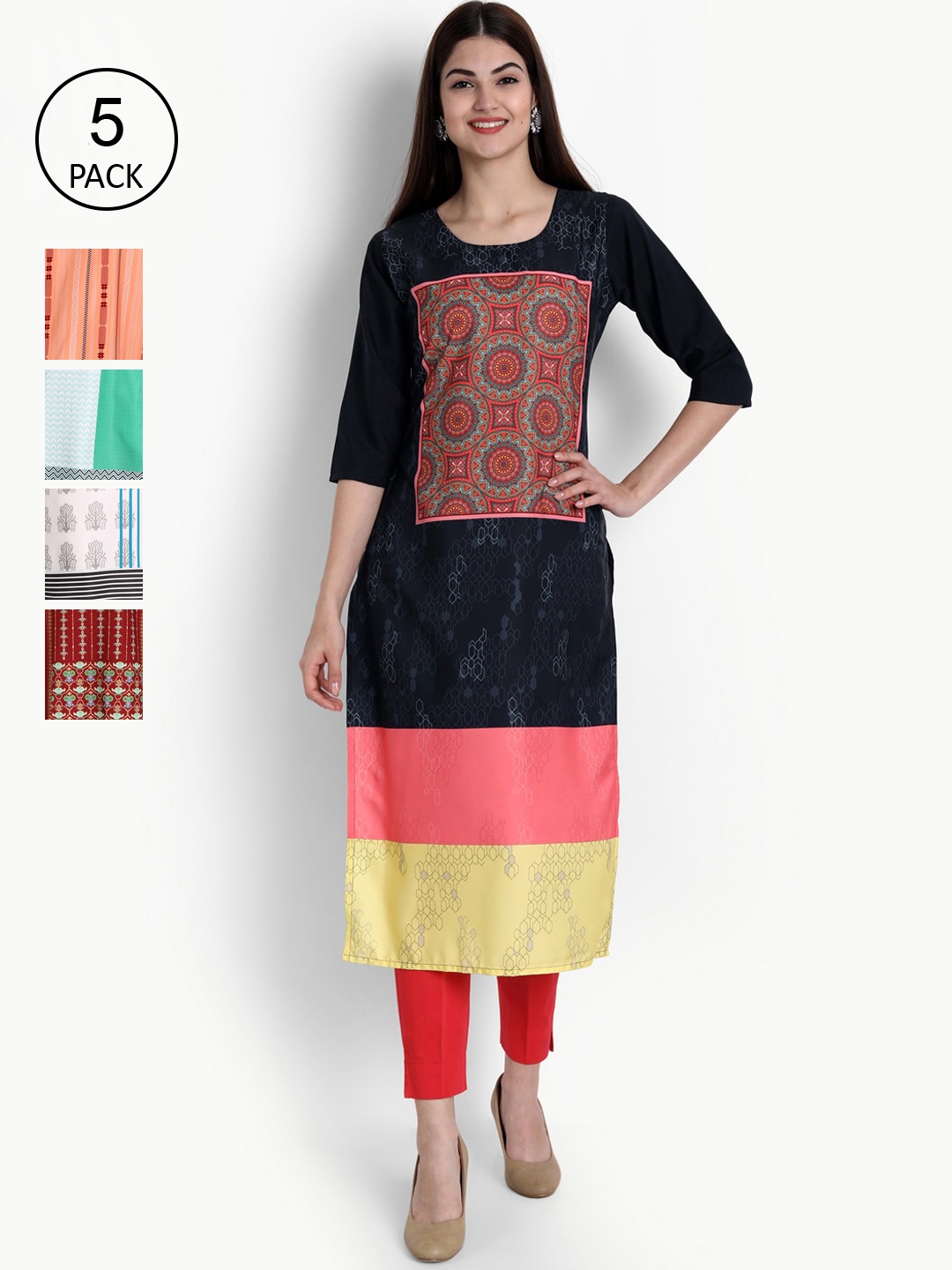 

Ethnic basket Women Pack of 5 Black & Peach-Coloured Ethnic Motifs Printed Crepe Kurtas