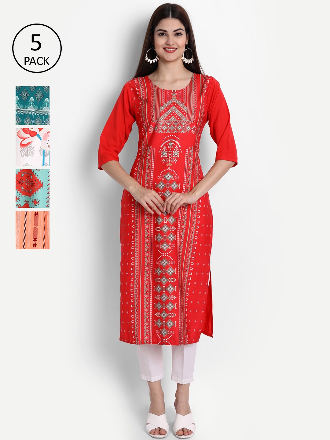 

Ethnic basket Women Multicoloured Set of 5 Printed Crepe Kurta, Multi
