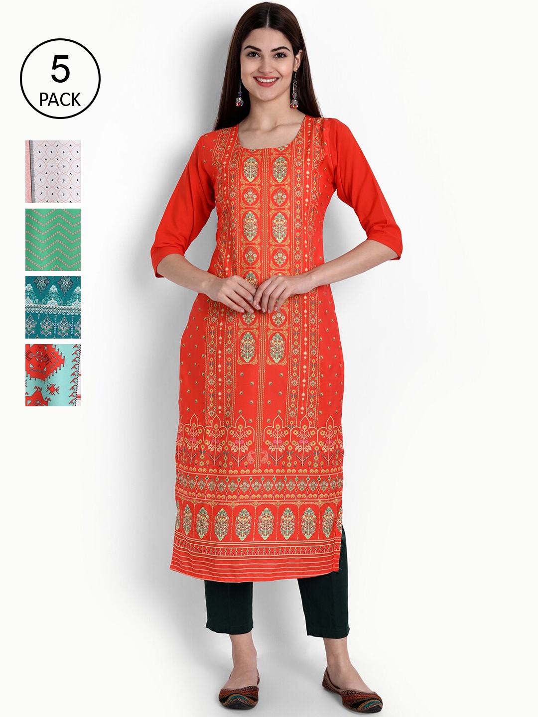 

Ethnic basket Women Pack of 5 Digital Printed Straight Kurtas, Orange