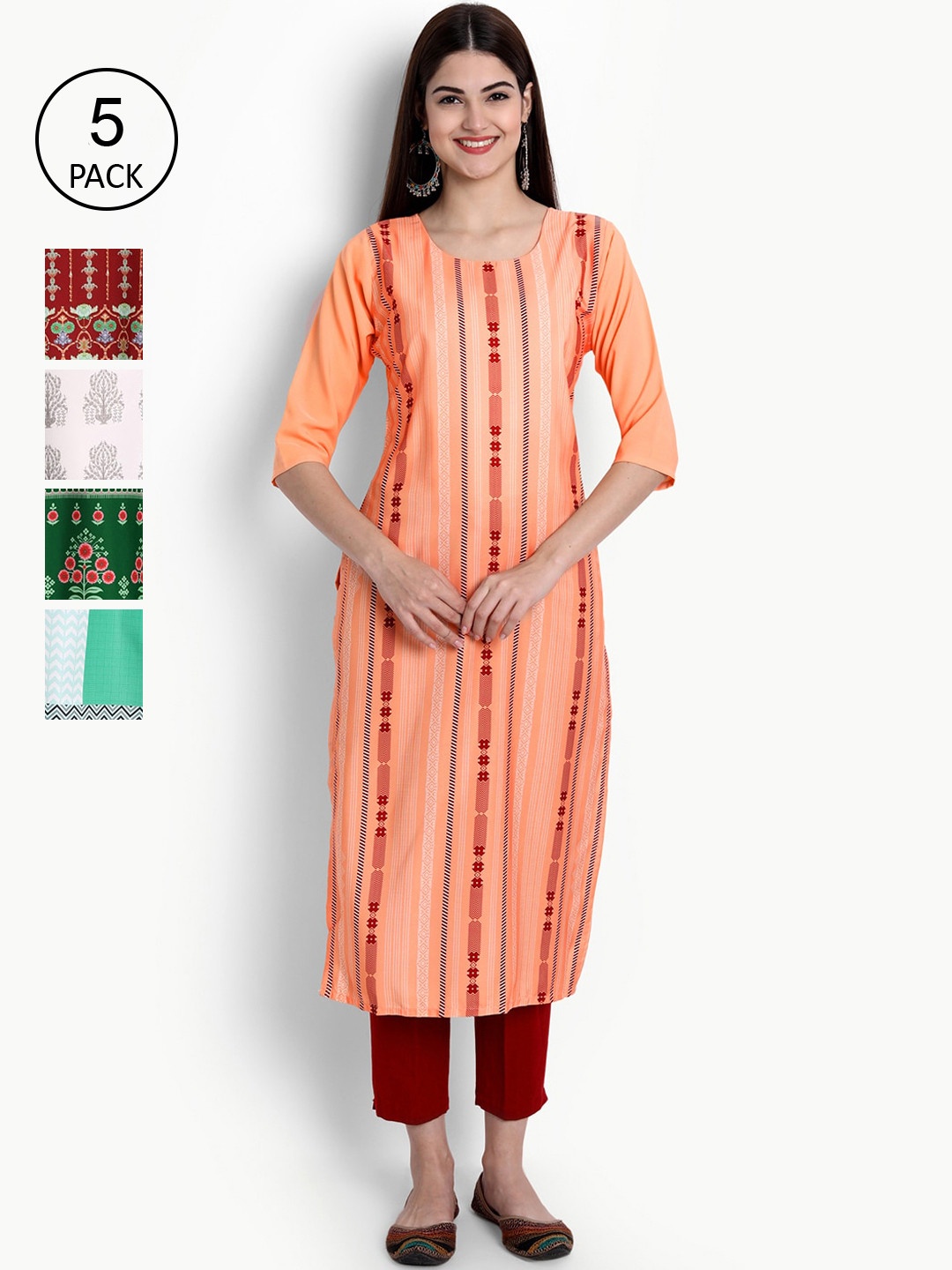 

Ethnic basket Women Peach-Coloured & Maroon Striped Thread Work Crepe Kurta Pack Of 5