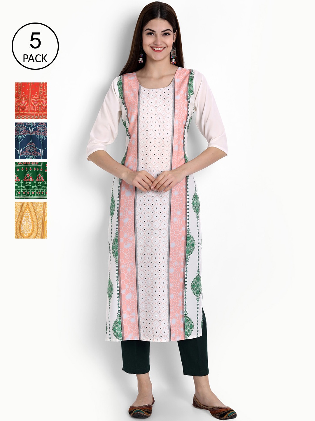 

Ethnic basket Women White & Orange Geometric Printed Crepe Kurta Pack Of 5