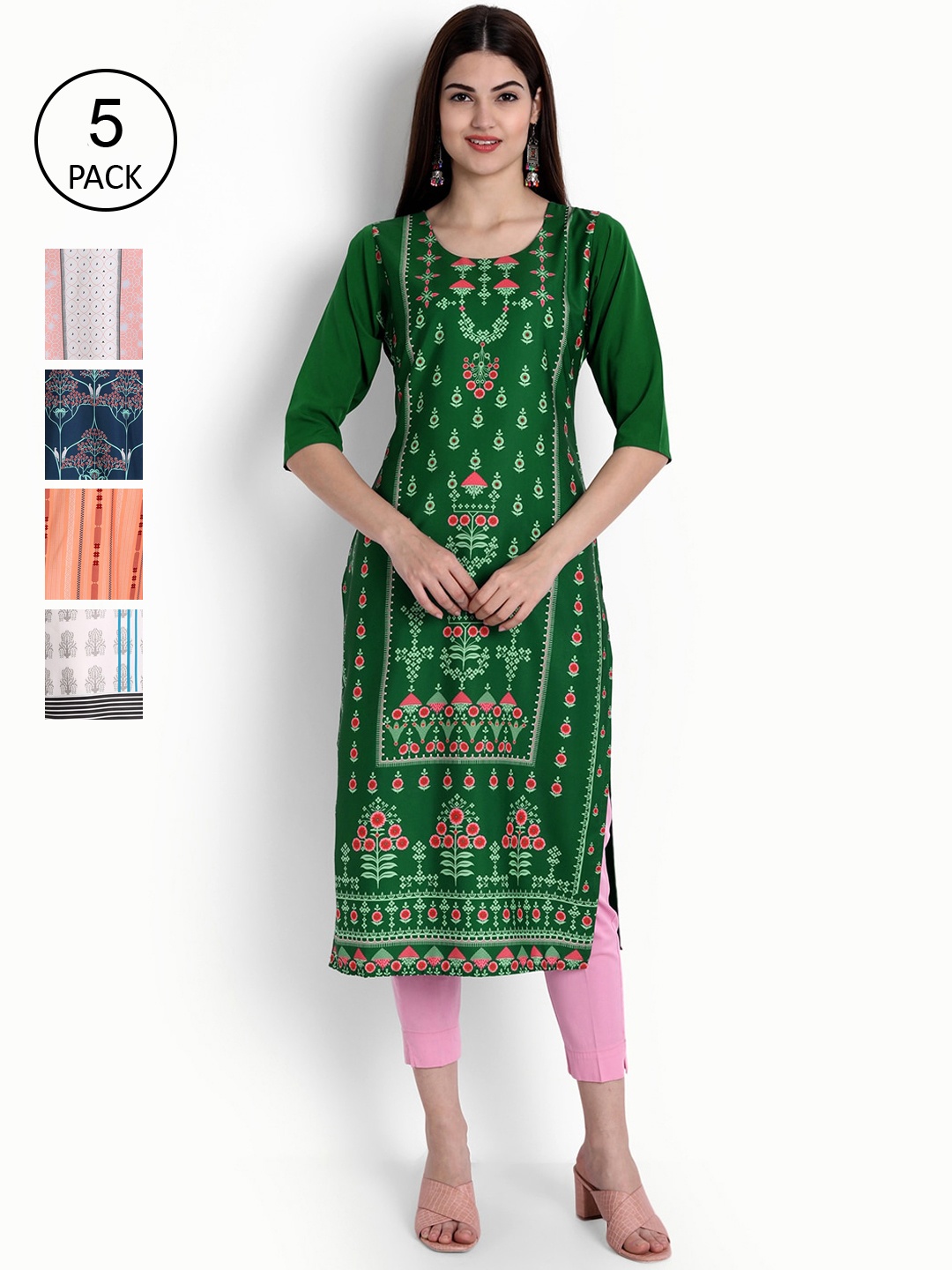 

Ethnic basket Women Pack of 5 Green & White Ethnic Motifs Printed Crepe Kurtas