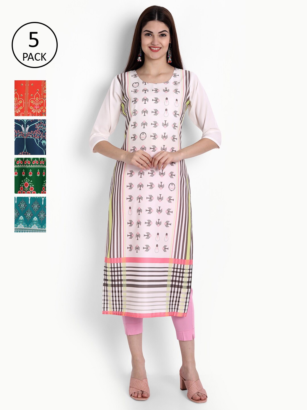

Ethnic basket Women Pack of 5 Printed Crepe Kurta, Green