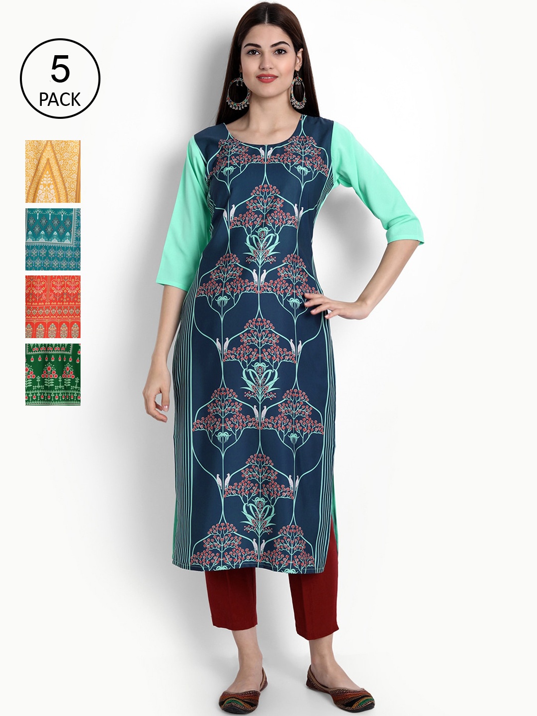 

Ethnic basket Women Pack of 5 Digital Printed Straight Kurtas, Blue