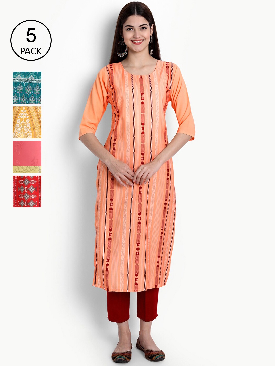 

Ethnic basket Women Pack of 5 Multicoloured Ethnic Motifs Printed Crepe Kurta, Multi