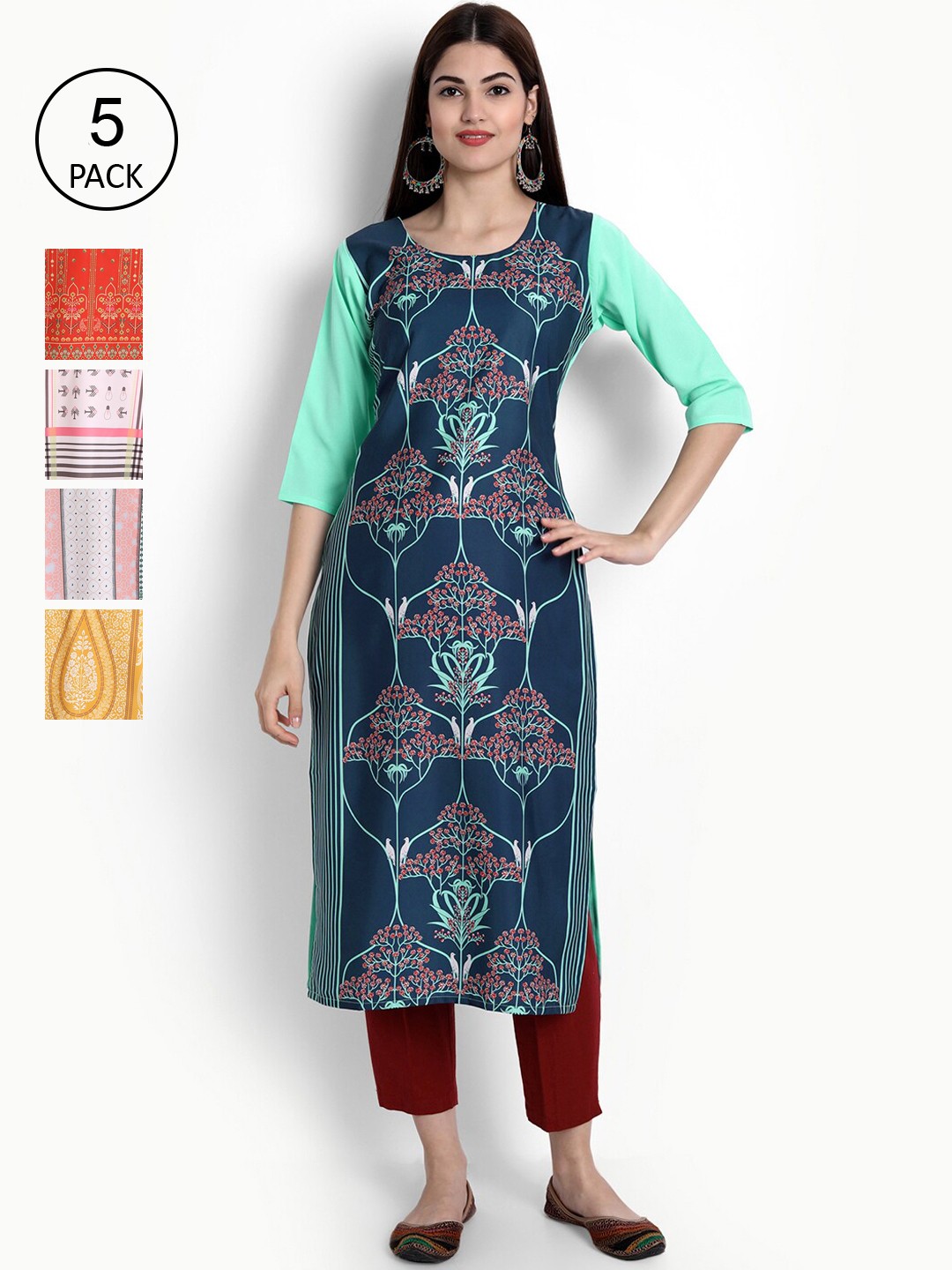 

Ethnic basket Women Pack Of 5 Teal Blue & Yellow Ethnic Motifs Embroidered Crepe Kurtas