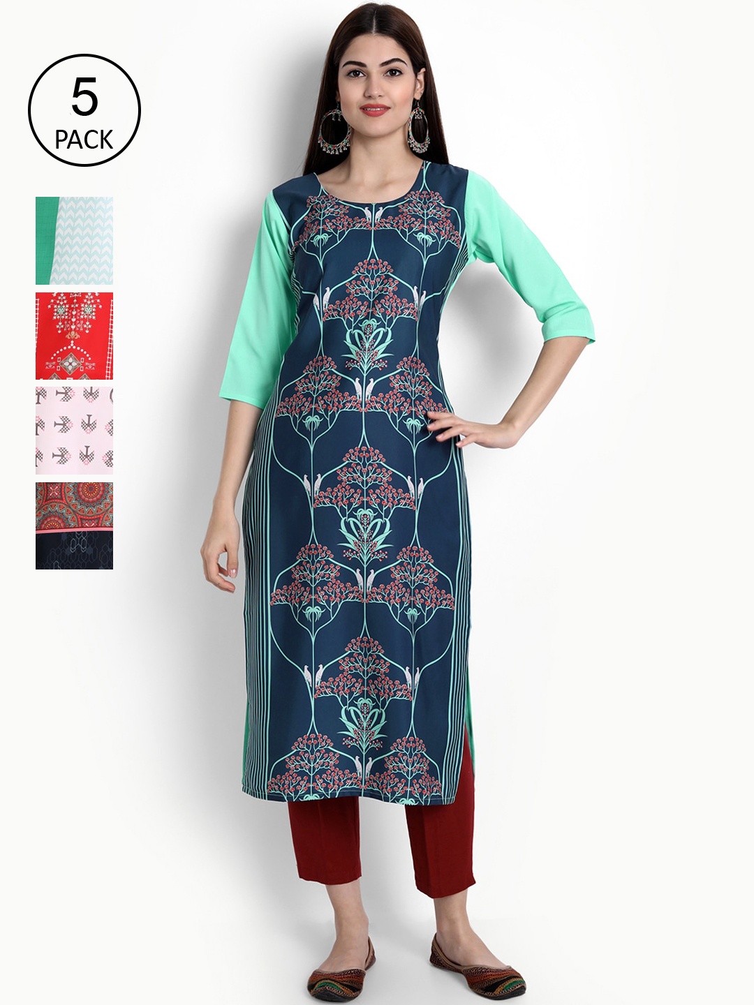 

Ethnic basket Women Pack of 5 Multicoloured Ethnic Motifs Printed Crepe Kurta, Multi