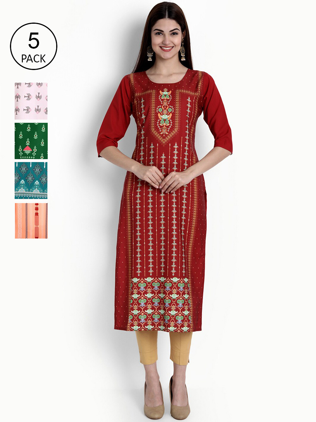 

Ethnic basket Women Pack Of 5 Red & Green Ethnic Motifs Printed Crepe Kurta