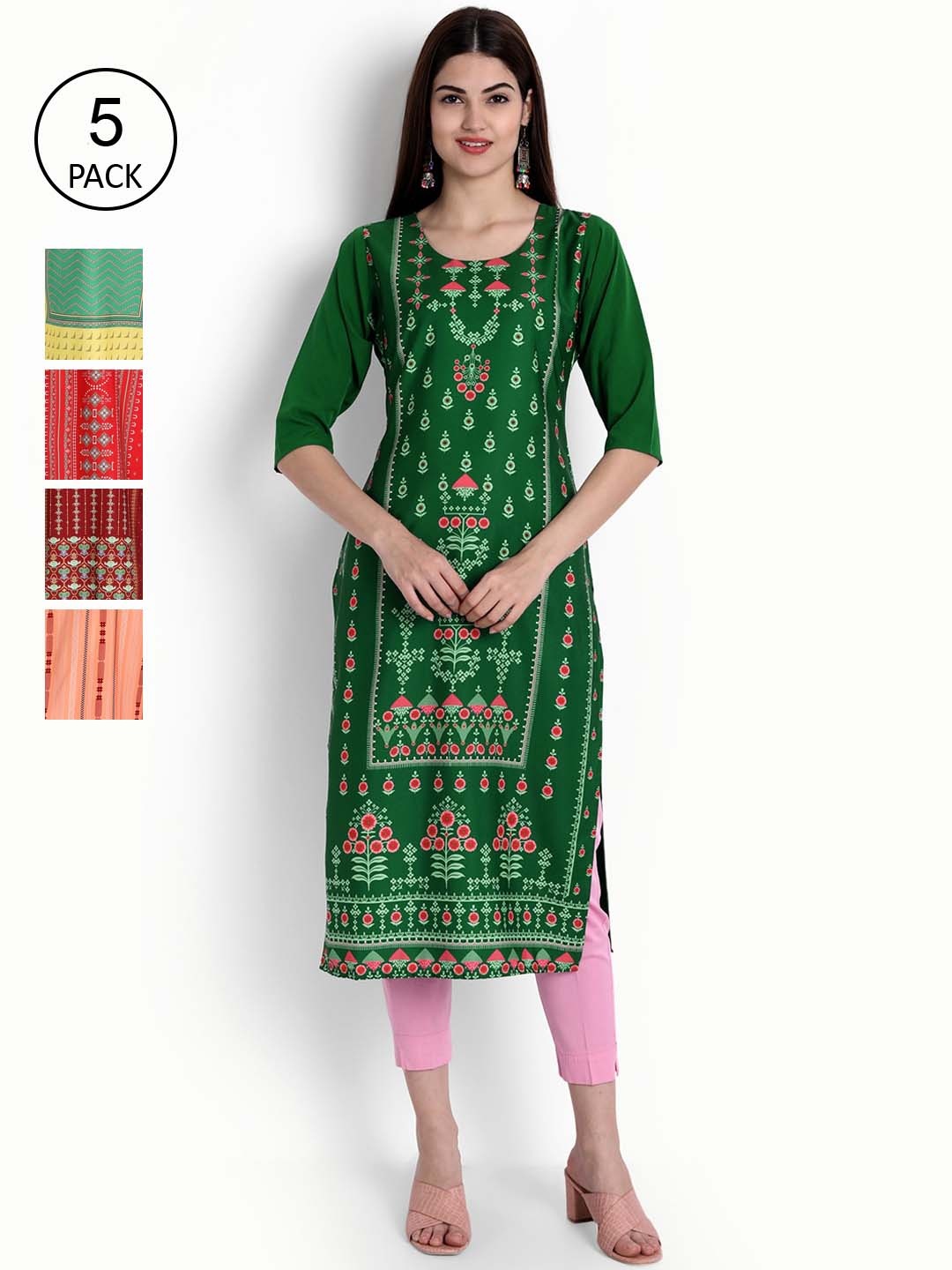 

Ethnic basket Women Pack of 5 Digital Printed Straight Kurtas, Green