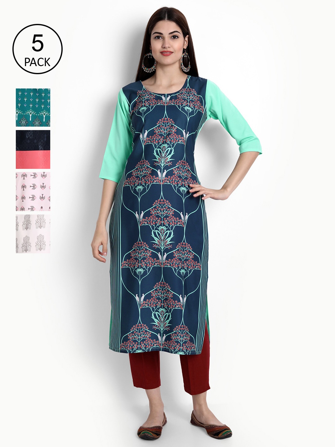 

Ethnic basket Women Pack of 5 Ethnic Motifs Printed Crepe Kurta, Blue