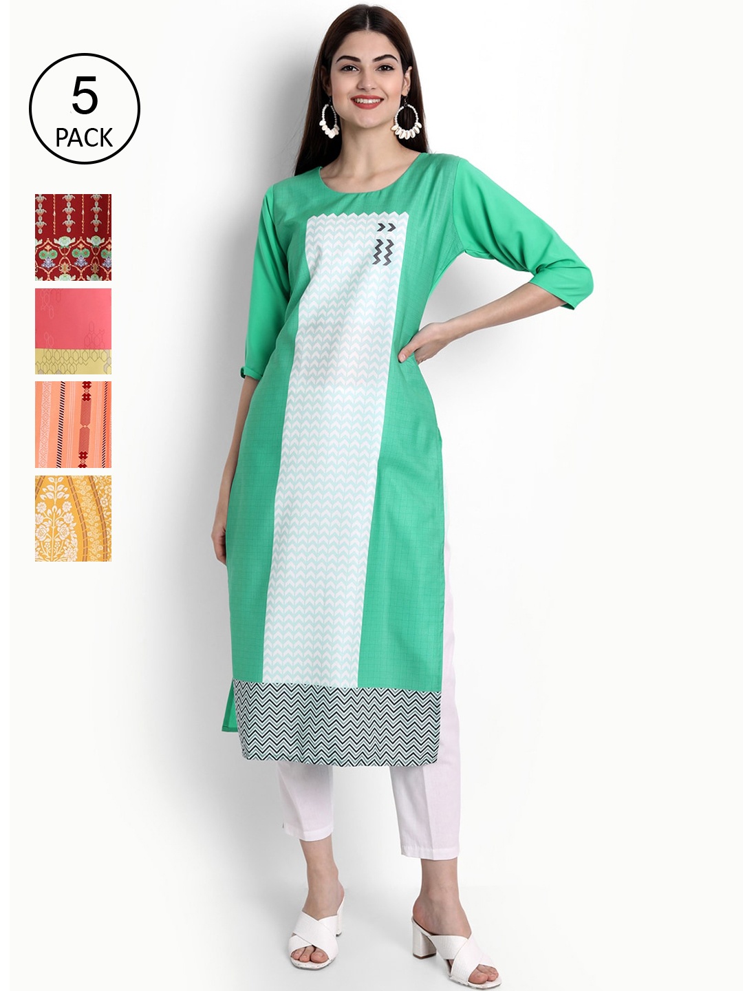 

Ethnic basket Women Pack of 5 Digital Printed Straight Kurtas, Green