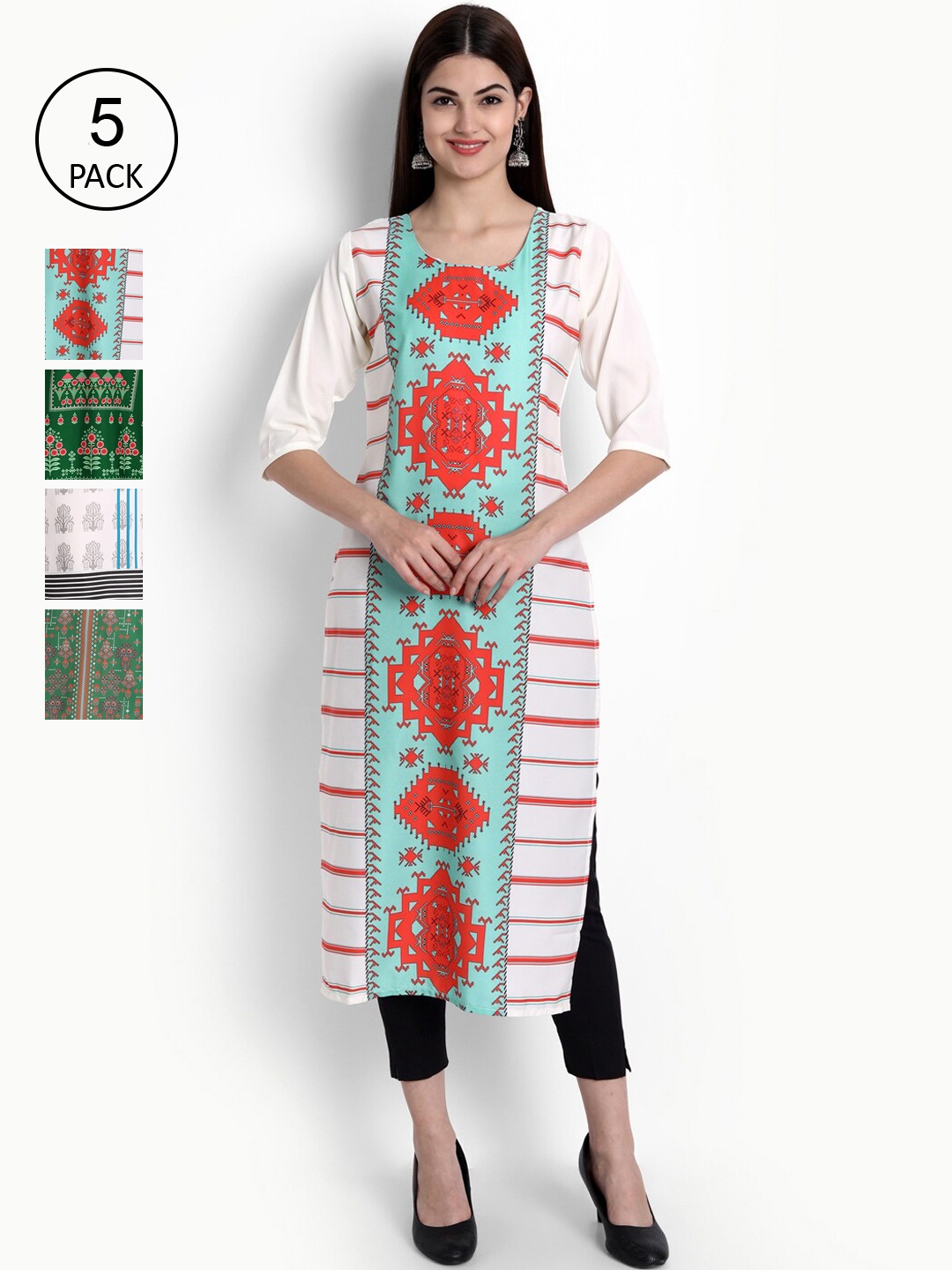 

Ethnic basket Women Pack of 5 Digital Printed Straight Kurtas, White