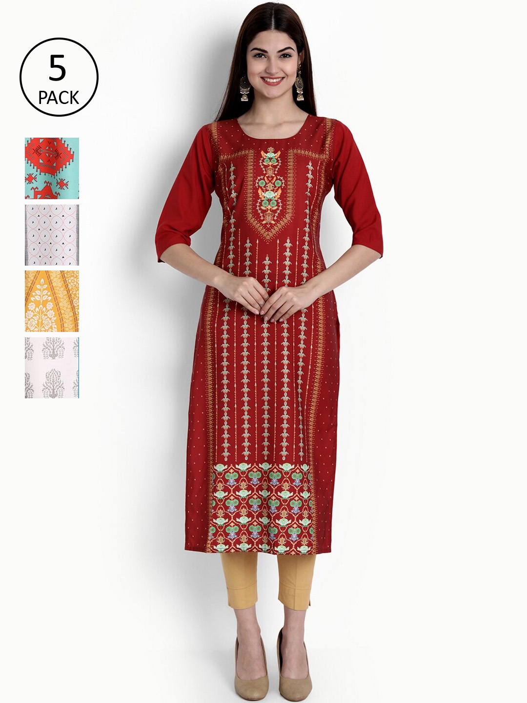 

Ethnic basket Women Pack of 5 Digital Printed Straight Kurtas, Maroon