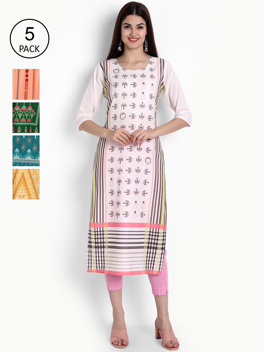 

Ethnic basket Women Pack of 5 White & Yellow Printed Crepe Kurtas