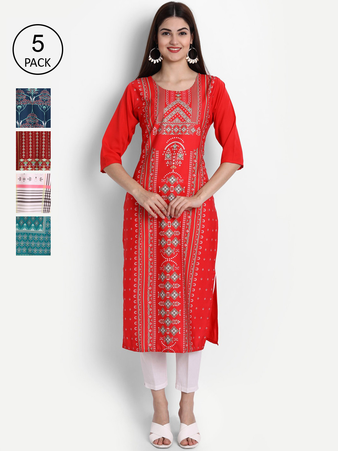 

Ethnic basket Women Pack Of 5 Multicoloured Ethnic Motifs Printed Crepe Kurta, Multi