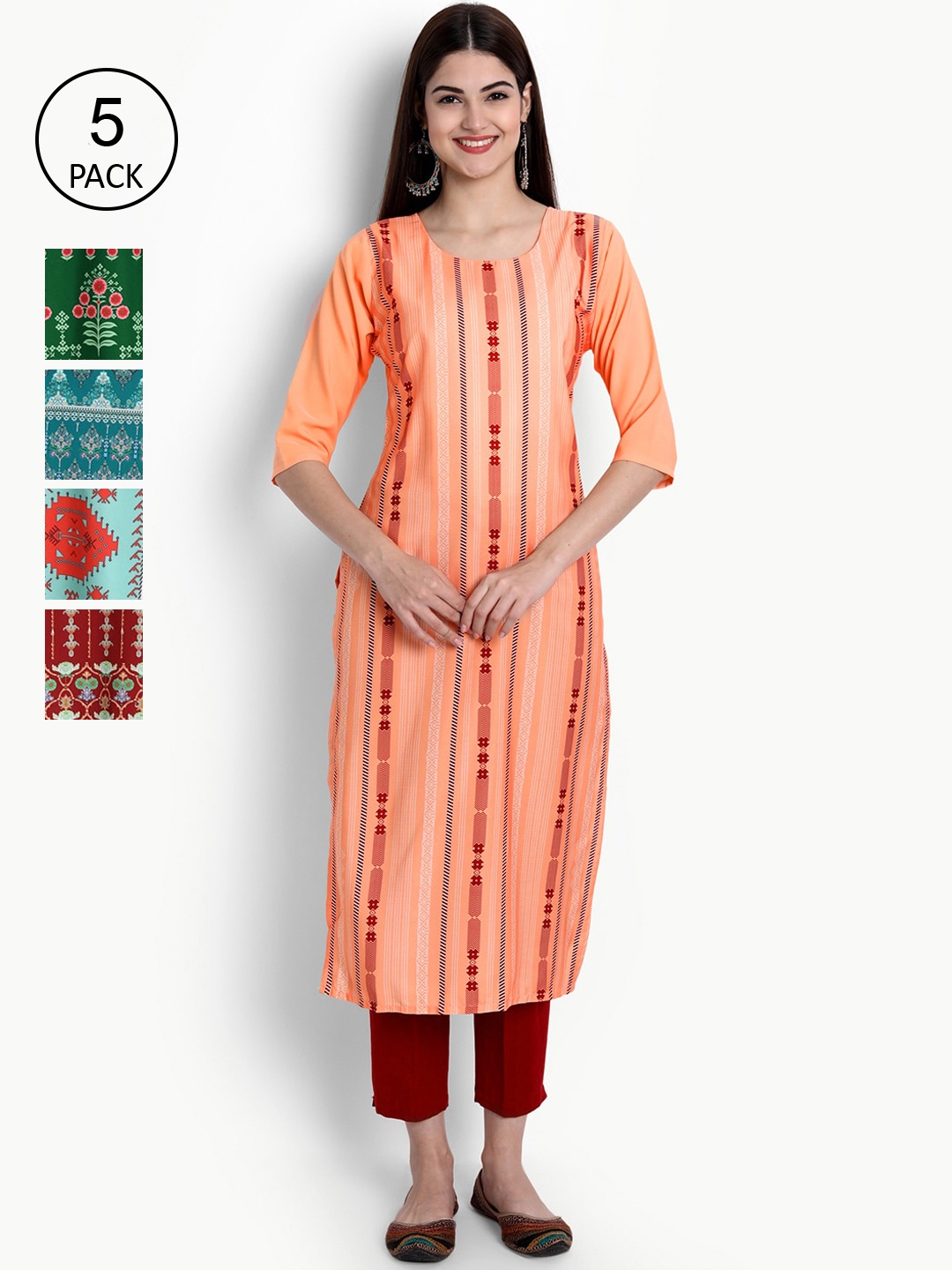 

Ethnic basket Women Pack Of 5 Ethnic Motifs Printed Crepe Kurta, Maroon