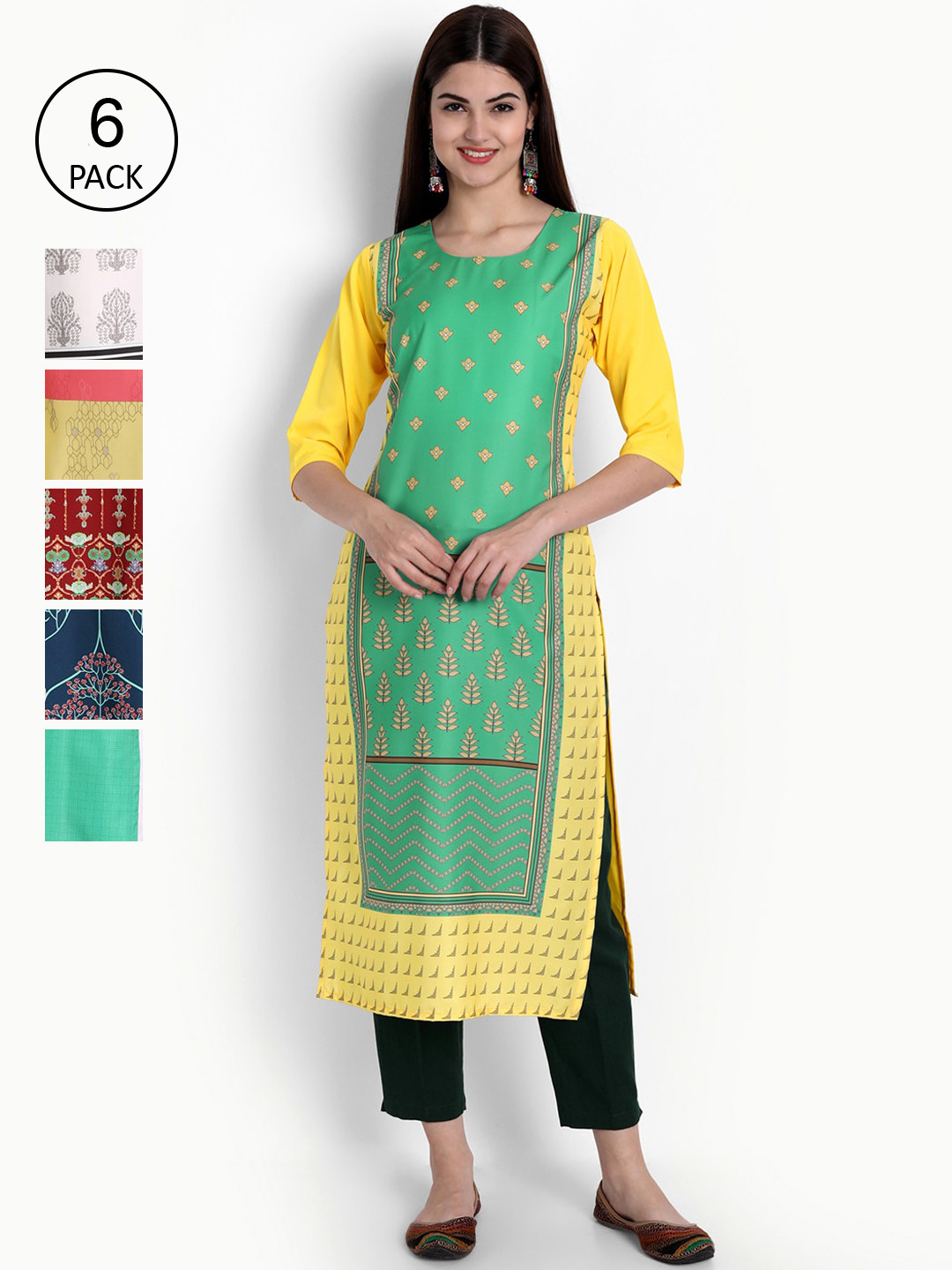 

Ethnic basket Women Pack Of 6 Straight Kurtas, Green