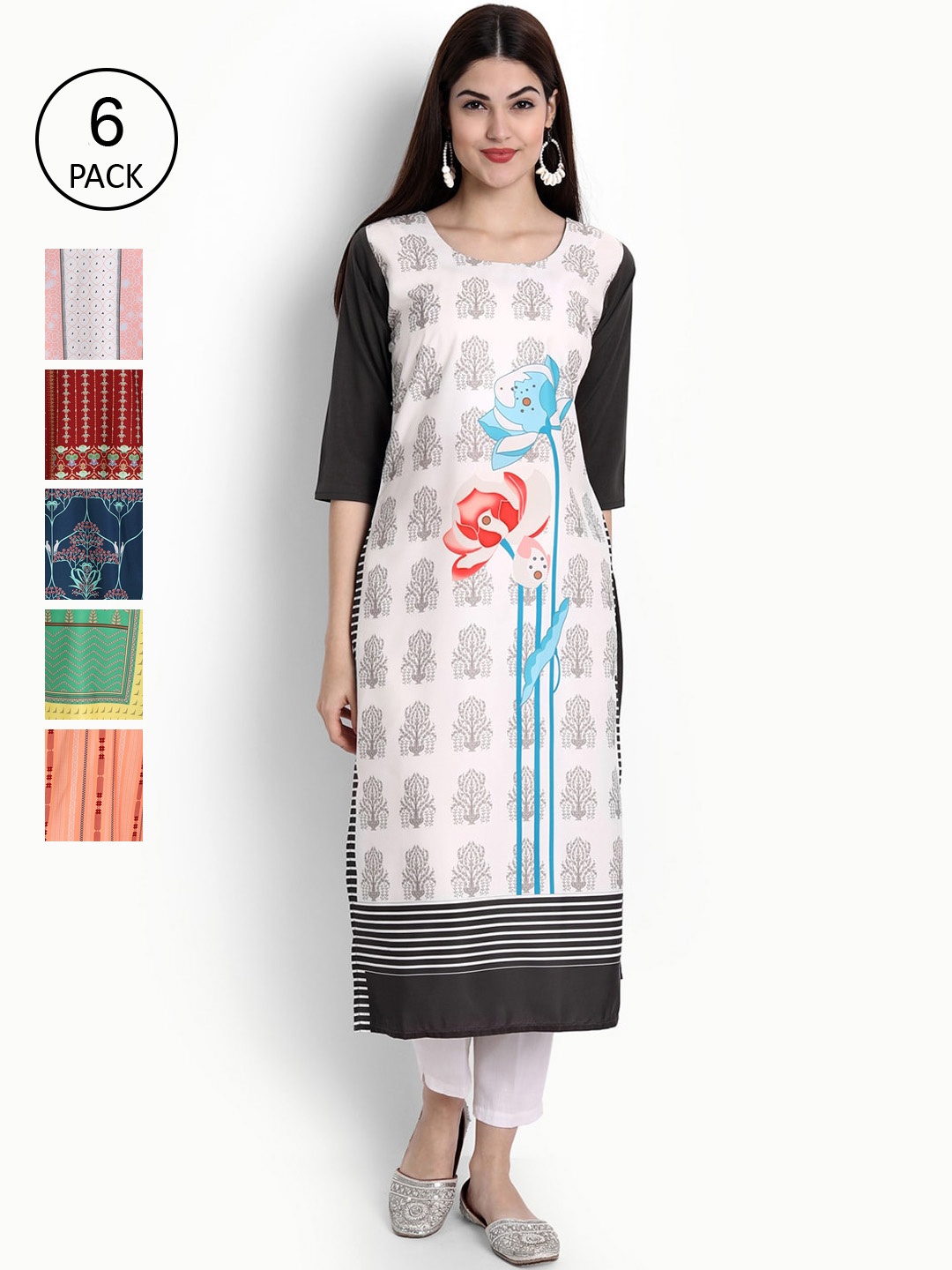 

Ethnic basket Women Pack of 6 Ethnic Motifs Printed Crepe Kurta, White