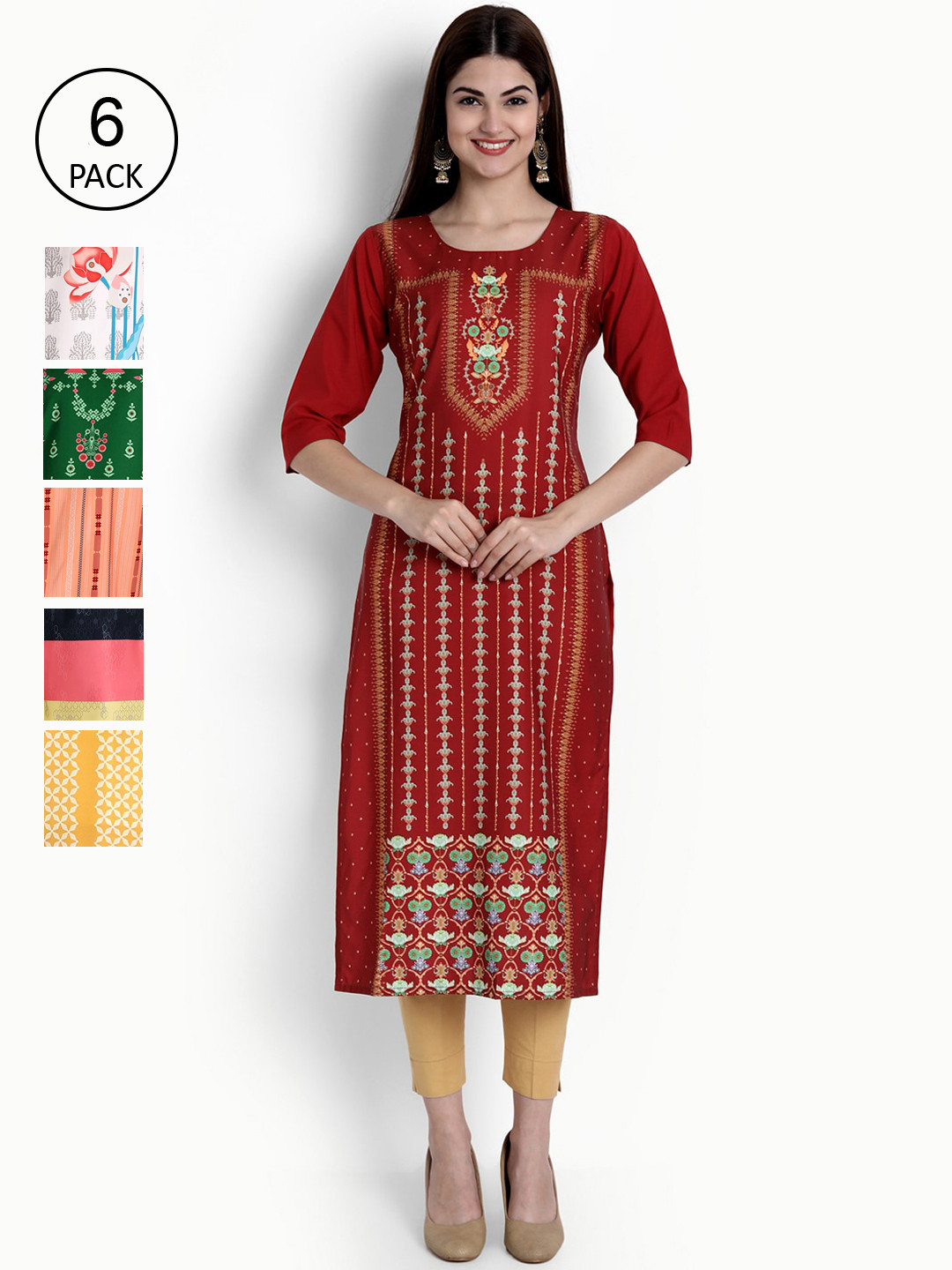

Ethnic basket Women Pack of 6 Red & Yellow Ethnic Motifs Printed Crepe Kurtas