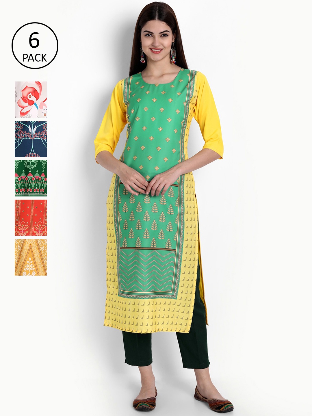 

Ethnic basket Women Set Of 6 Yellow & Green Floral Printed Crepe Kurta
