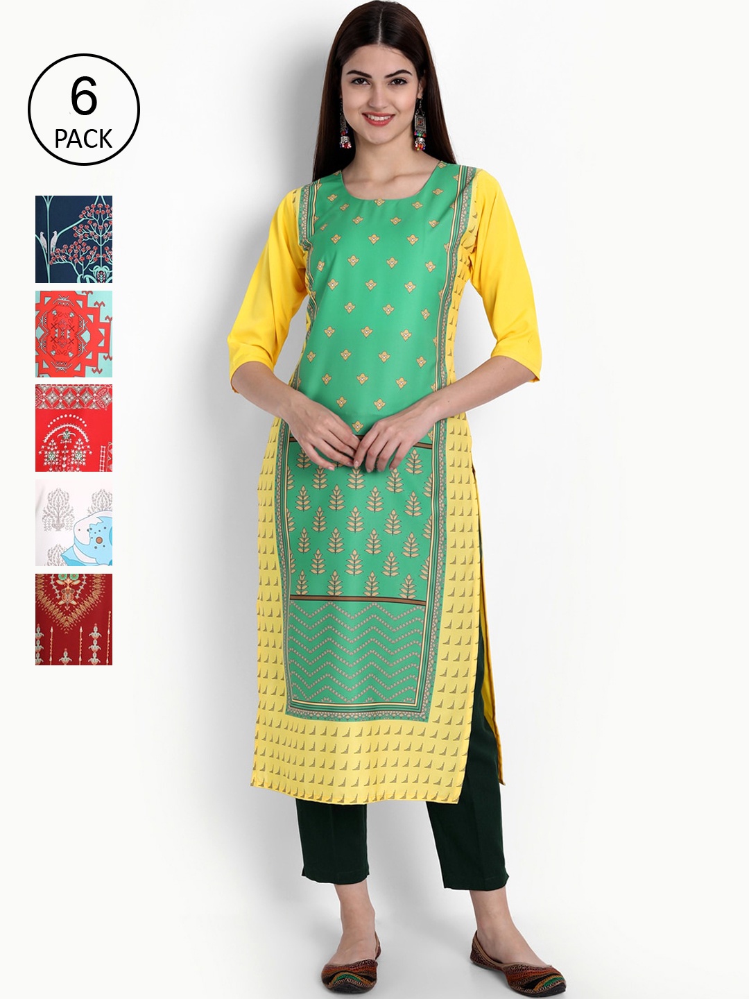 

Ethnic basket Women Multicoloured Set of 6 Printed Crepe Kurta, Multi